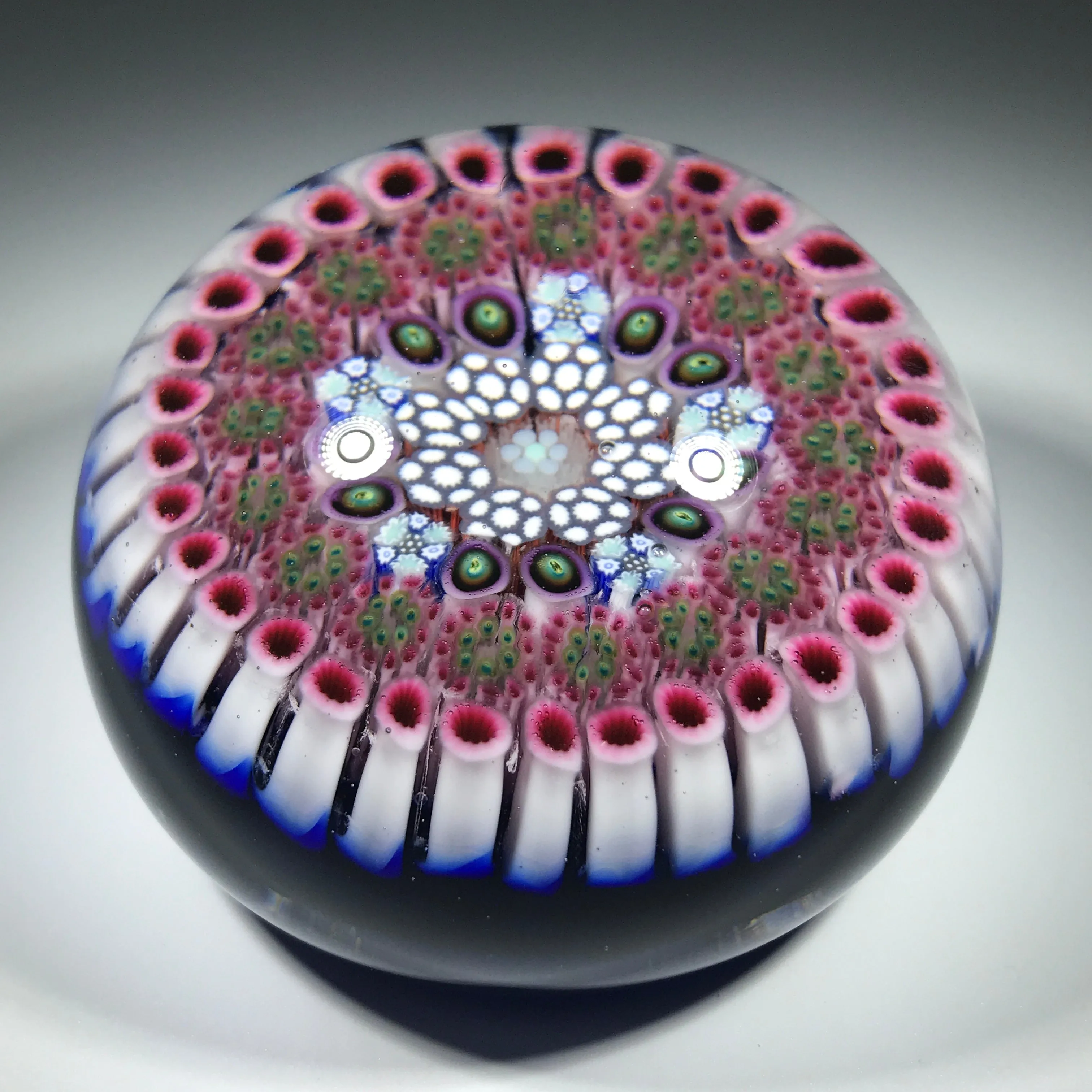 Matt Fimiano 2018 Art Glass Paperweight Concentric Complex Millefiori on Transparent Blue Ground