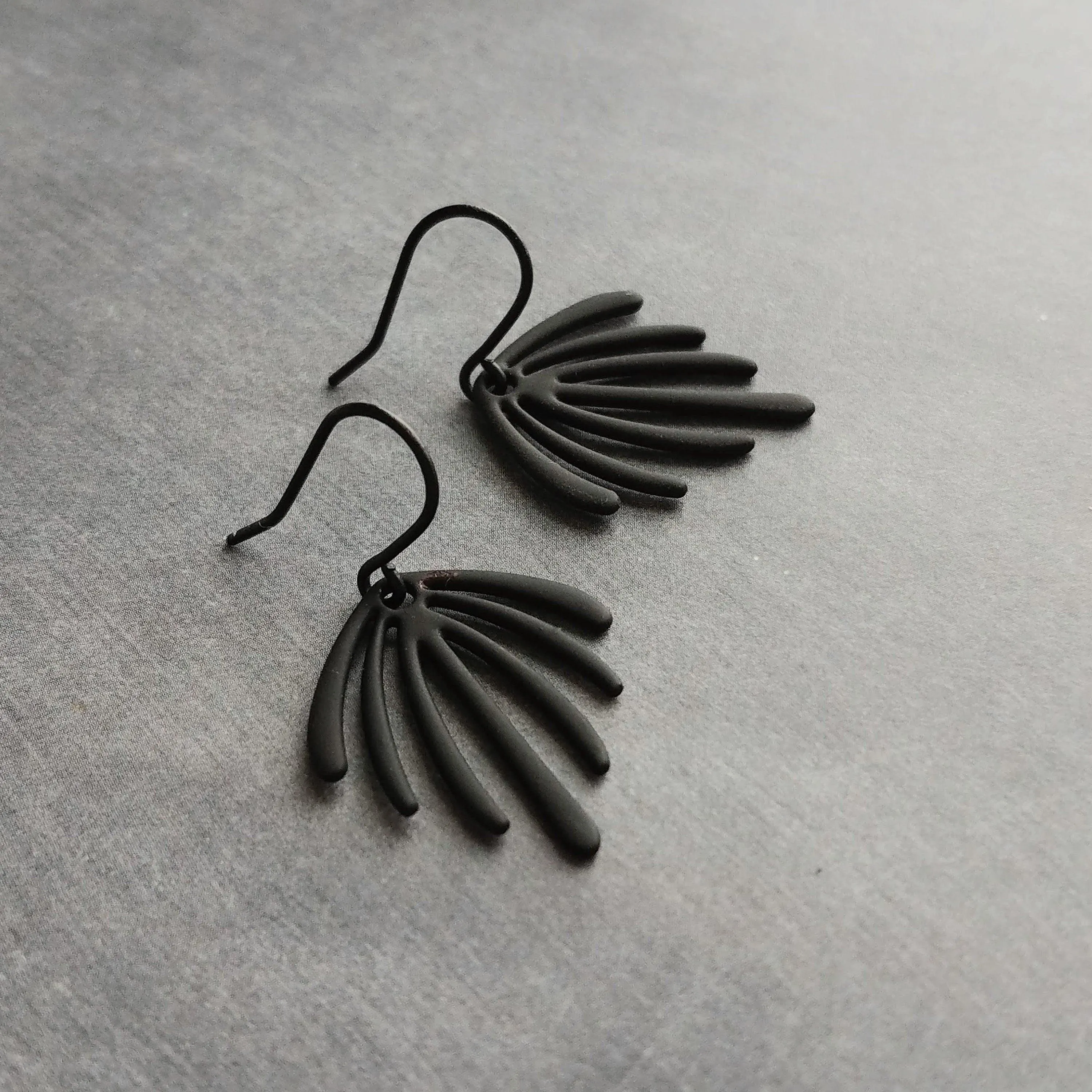 Matte Black Earrings, palm leaf earrings, long drip earrings, black dangle earrings, rubberized earring, all black earring, matt black hooks