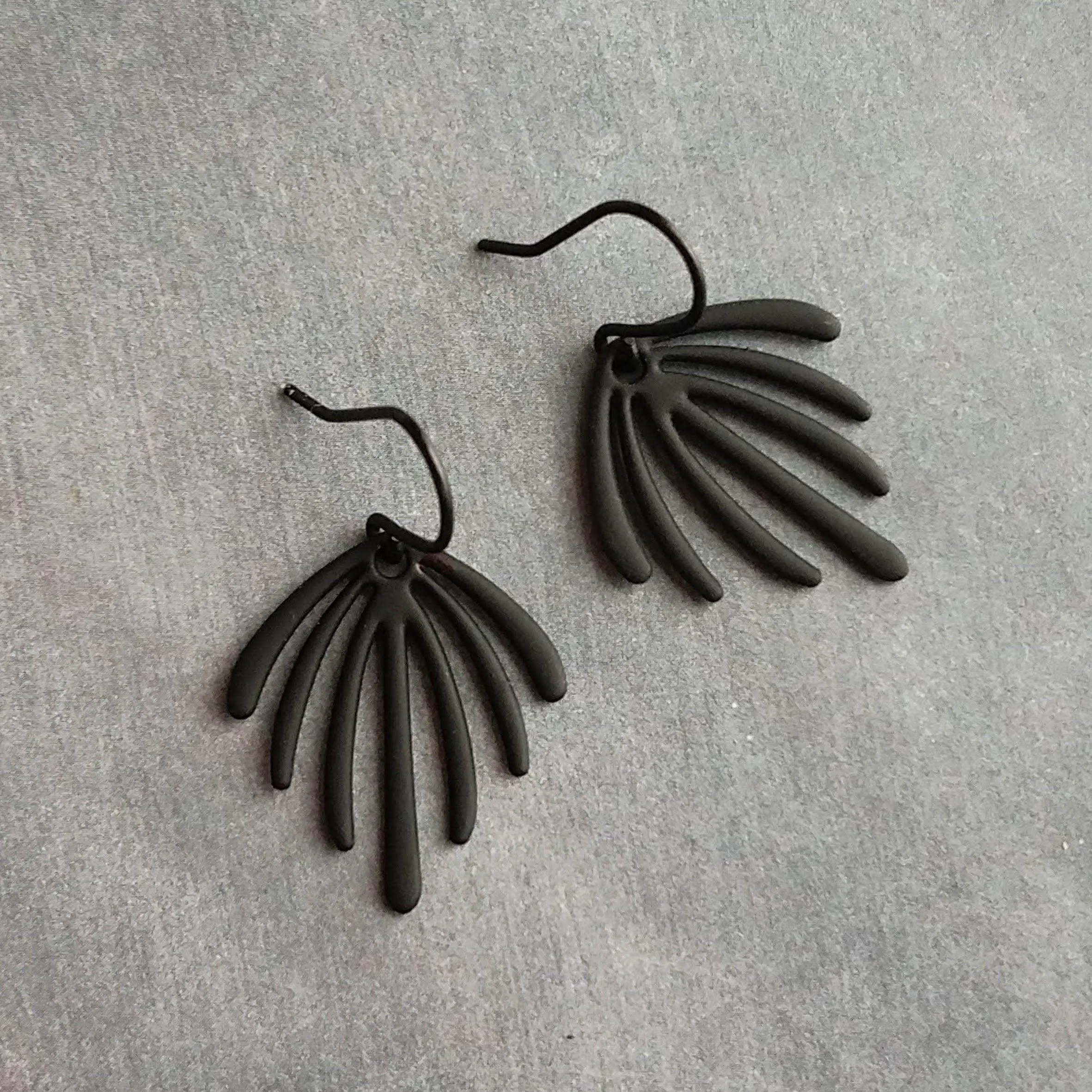 Matte Black Earrings, palm leaf earrings, long drip earrings, black dangle earrings, rubberized earring, all black earring, matt black hooks
