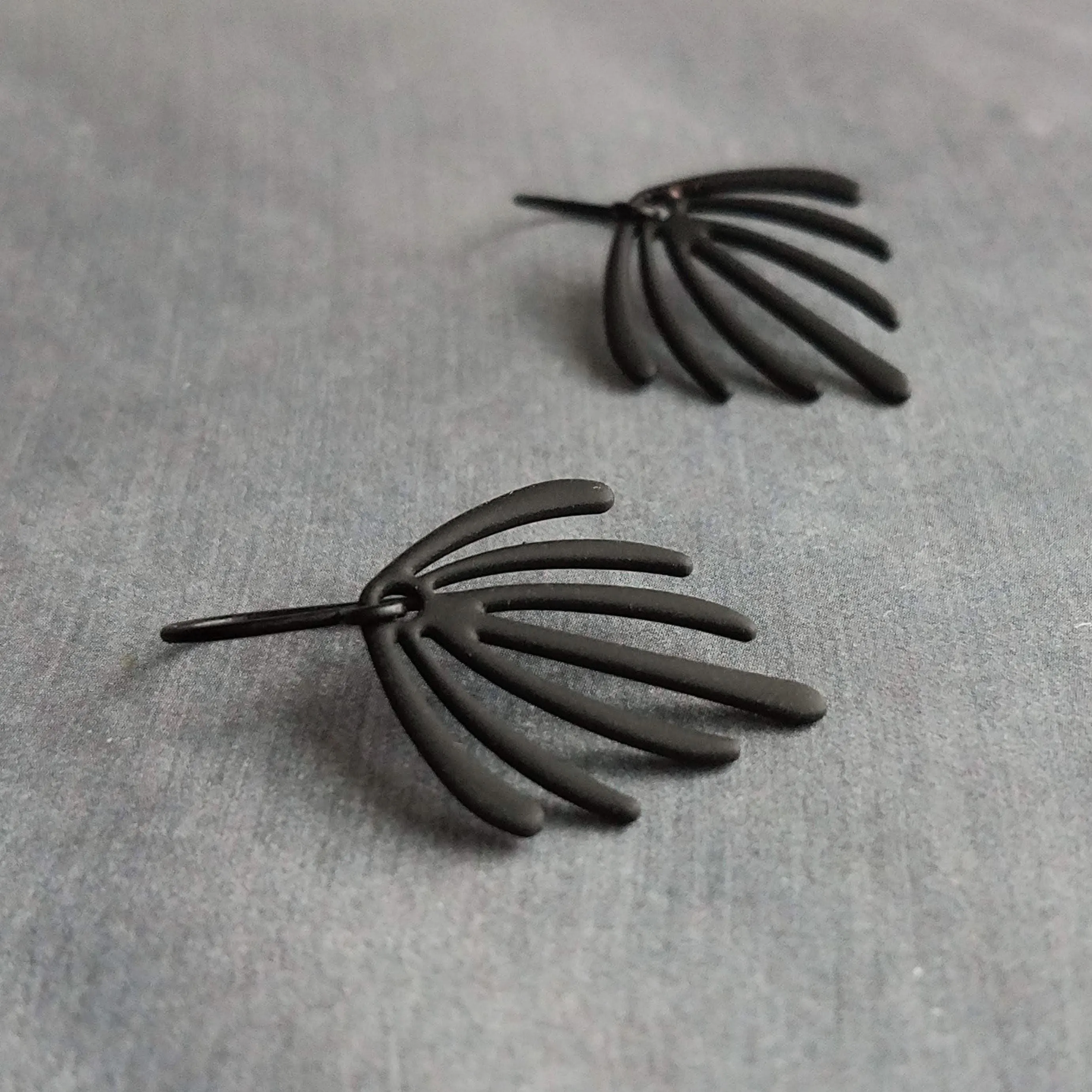 Matte Black Earrings, palm leaf earrings, long drip earrings, black dangle earrings, rubberized earring, all black earring, matt black hooks