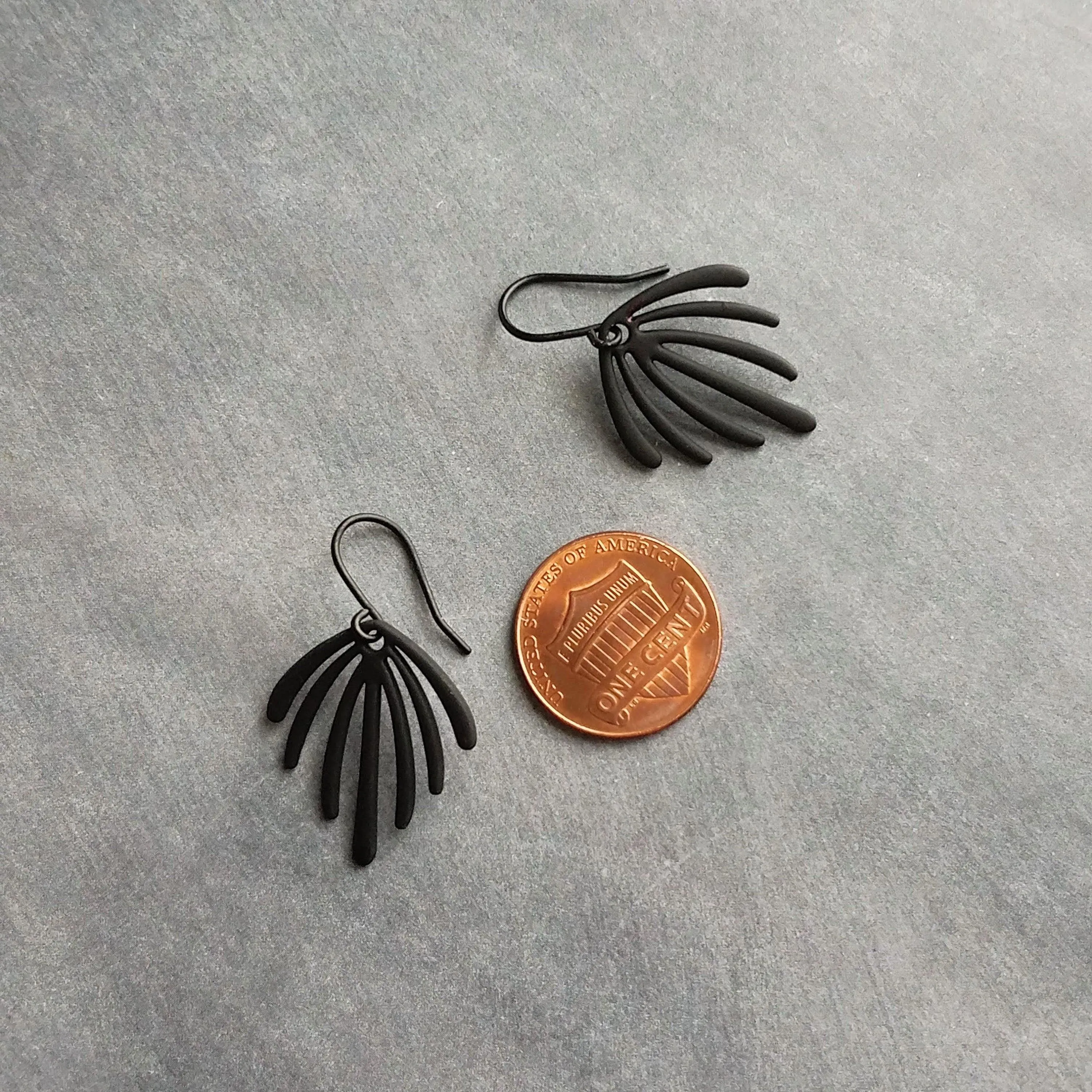 Matte Black Earrings, palm leaf earrings, long drip earrings, black dangle earrings, rubberized earring, all black earring, matt black hooks