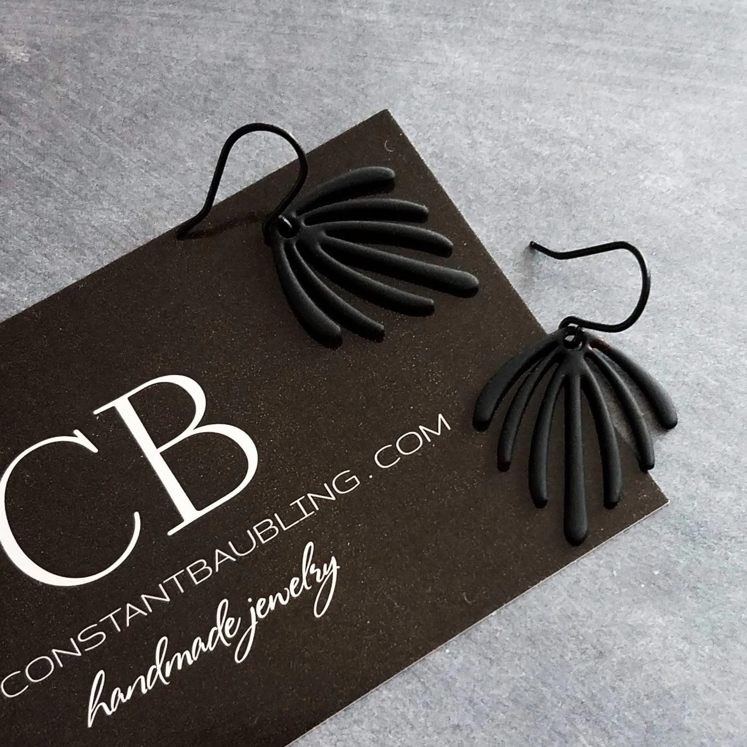 Matte Black Earrings, palm leaf earrings, long drip earrings, black dangle earrings, rubberized earring, all black earring, matt black hooks