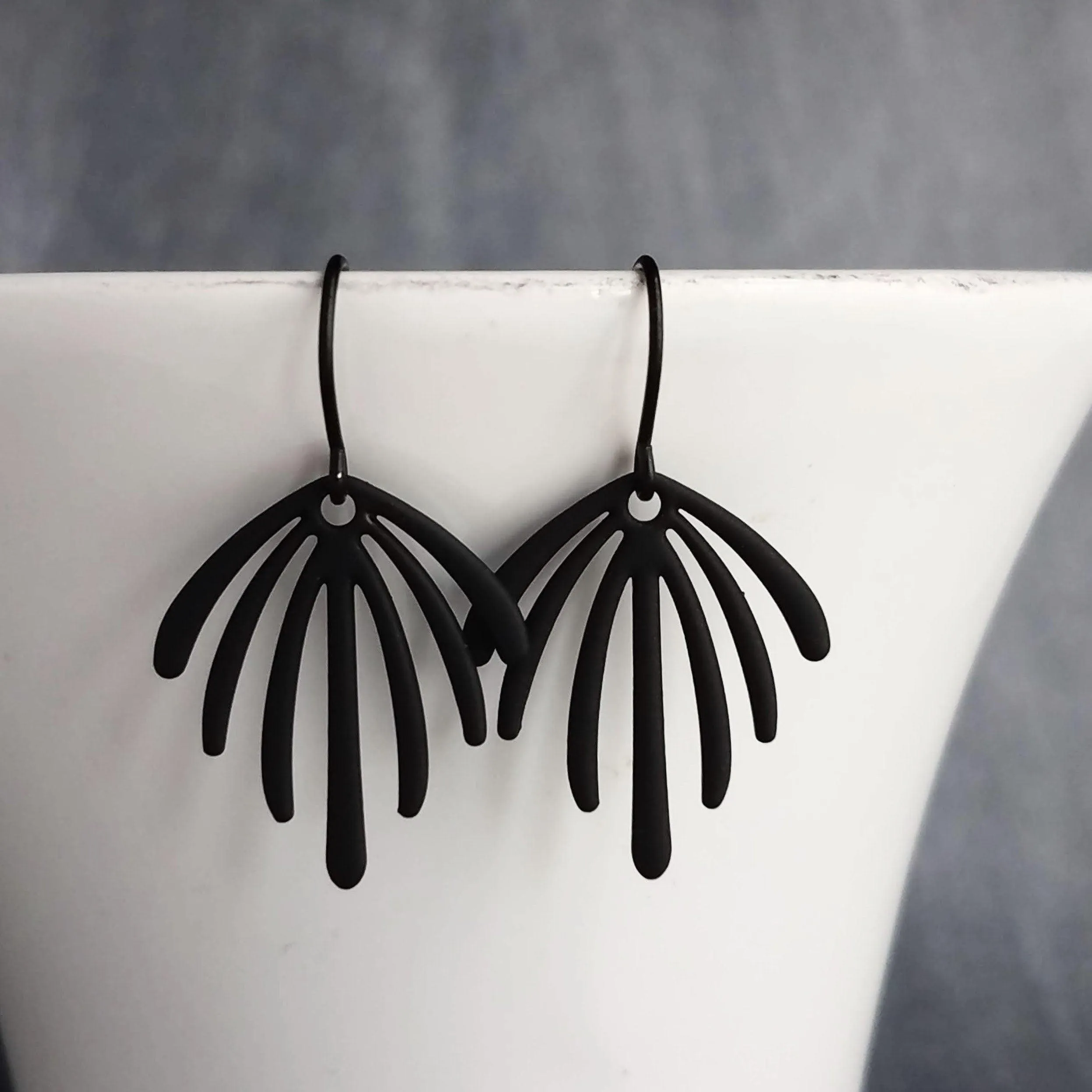 Matte Black Earrings, palm leaf earrings, long drip earrings, black dangle earrings, rubberized earring, all black earring, matt black hooks