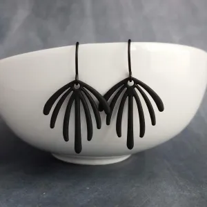 Matte Black Earrings, palm leaf earrings, long drip earrings, black dangle earrings, rubberized earring, all black earring, matt black hooks
