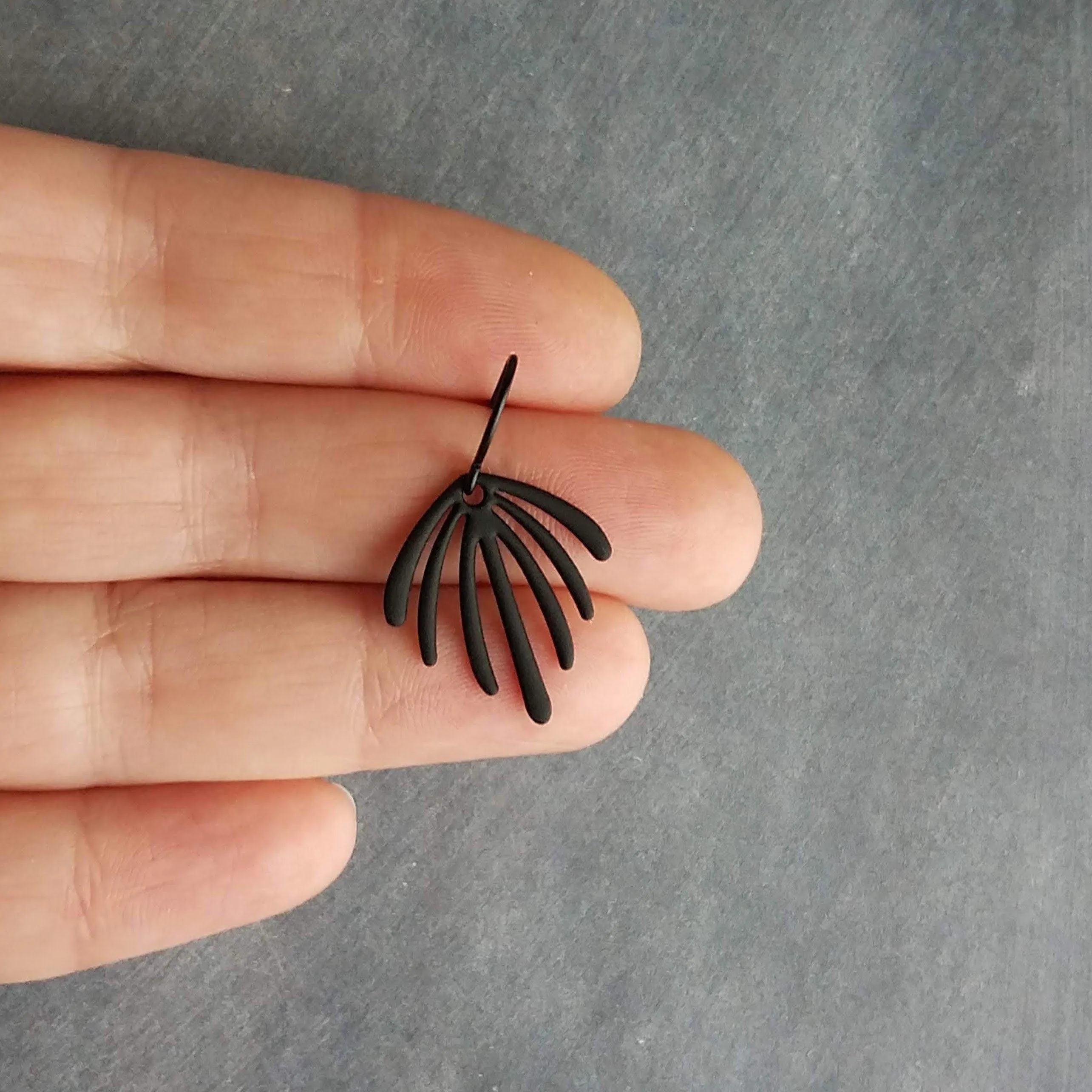 Matte Black Earrings, palm leaf earrings, long drip earrings, black dangle earrings, rubberized earring, all black earring, matt black hooks
