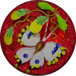 Mayauel Ward 2019 Compound Torchwork White Swallowtail Butterfly with Yellow Blossom on Red Ground