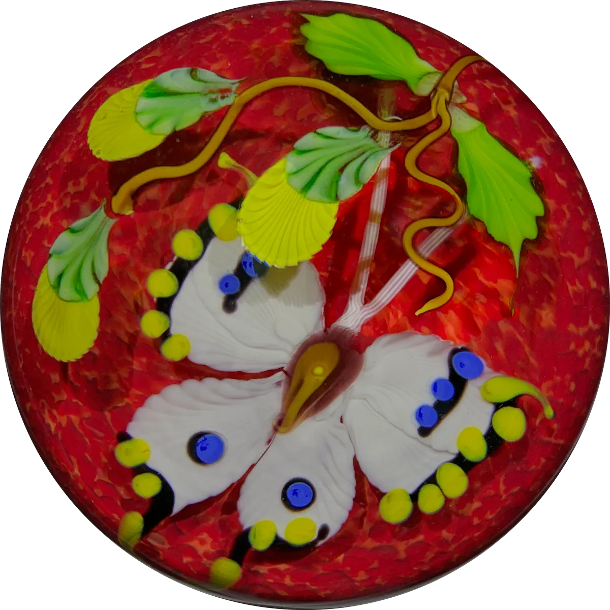 Mayauel Ward 2019 Compound Torchwork White Swallowtail Butterfly with Yellow Blossom on Red Ground