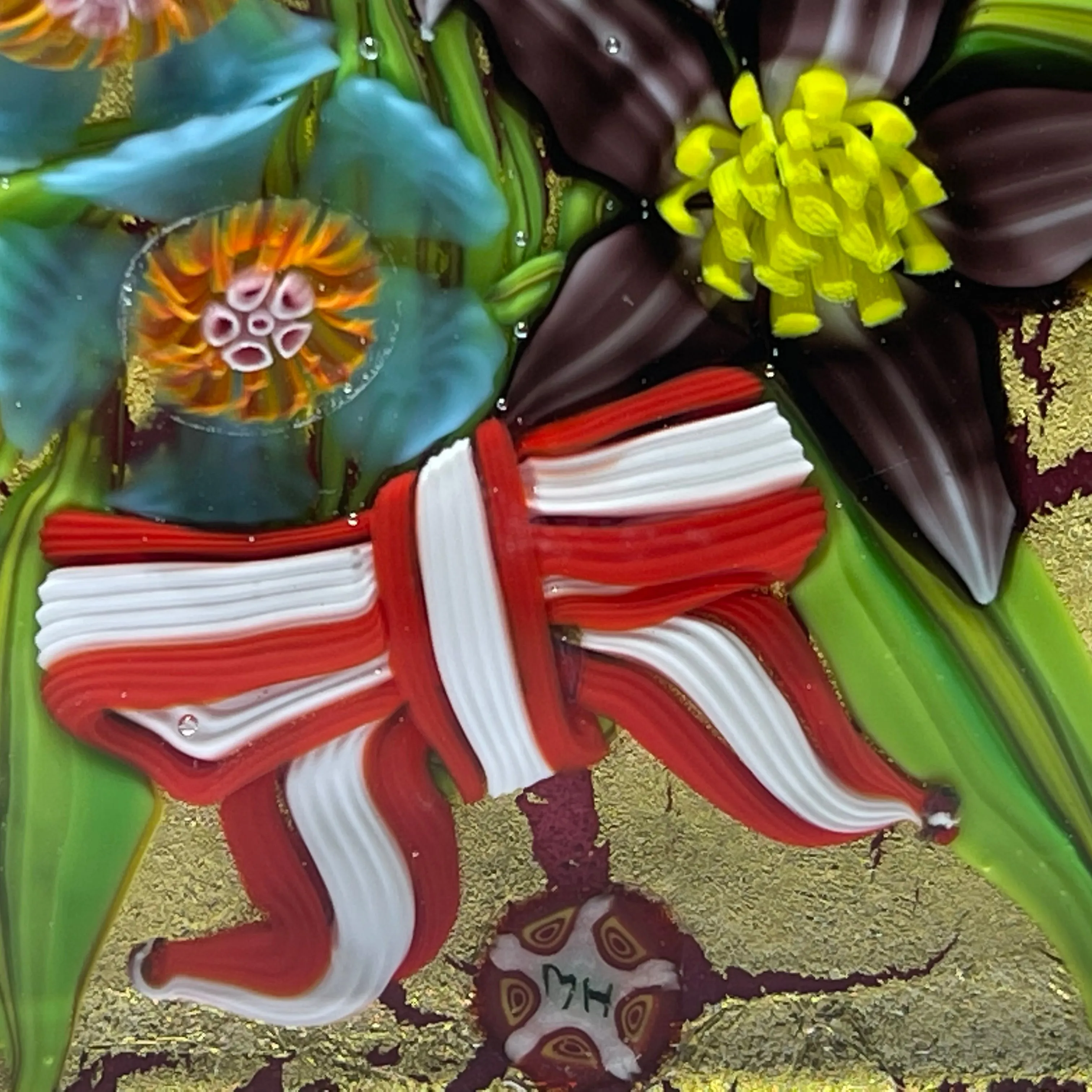 Mickael Hingant 2020 Flamework Tropical Flower Bouquet On Gold Leaf Plaque Cold-Work by Jim Poore