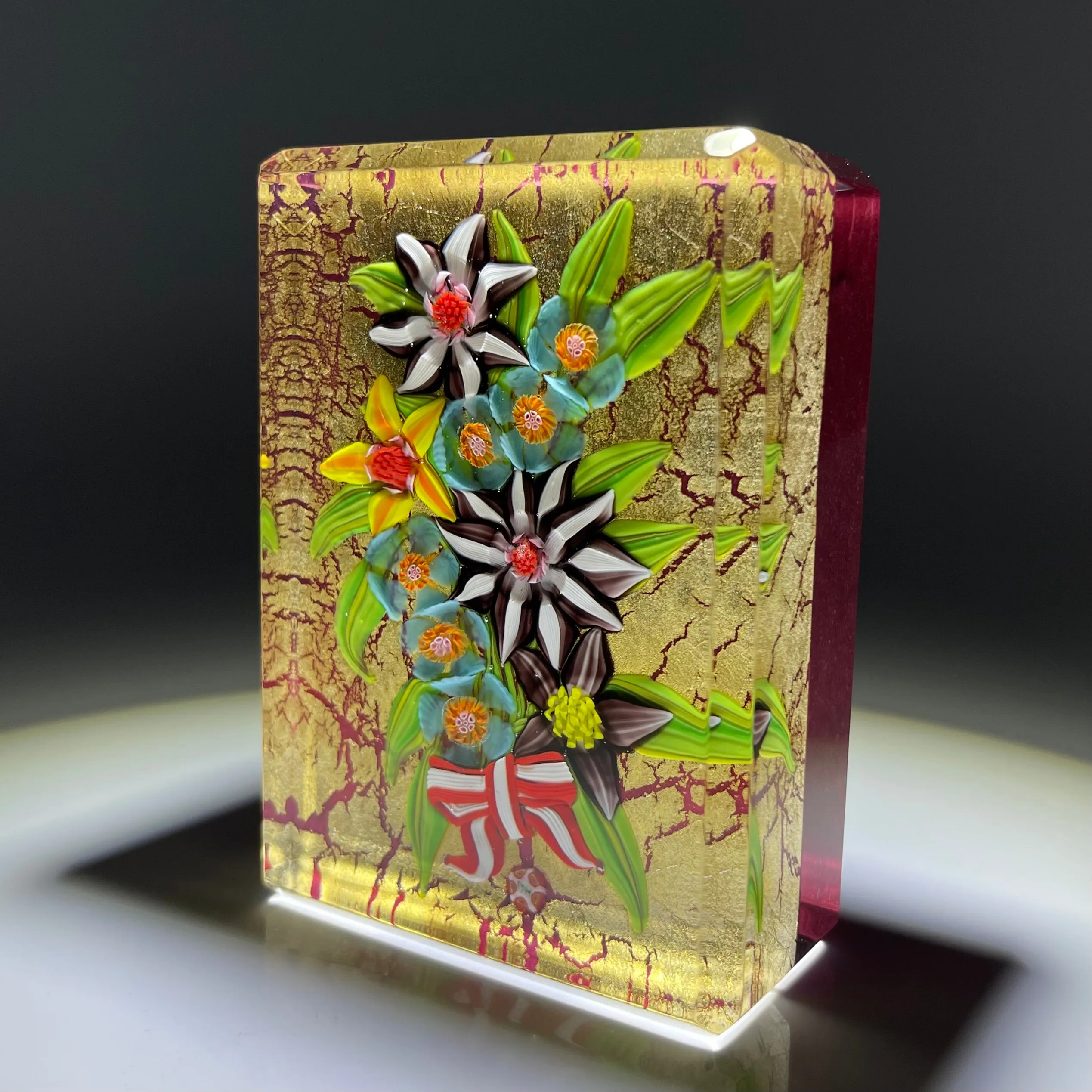 Mickael Hingant 2020 Flamework Tropical Flower Bouquet On Gold Leaf Plaque Cold-Work by Jim Poore