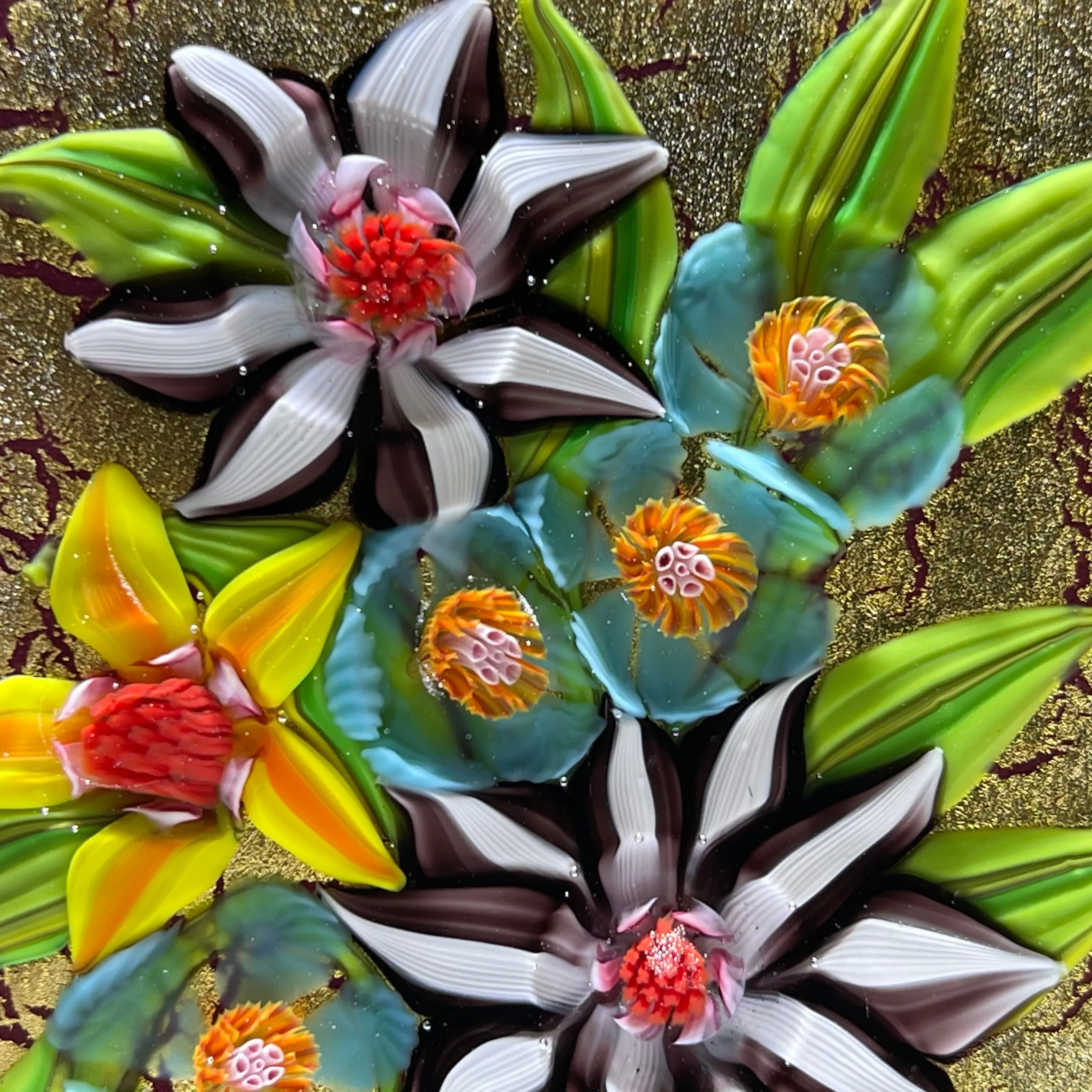Mickael Hingant 2020 Flamework Tropical Flower Bouquet On Gold Leaf Plaque Cold-Work by Jim Poore