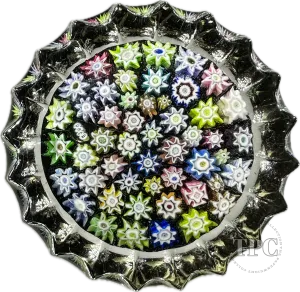 Miniature Peter McDougall Glass Art Paperweight Closepack Millefiori on Black with Fluted Sides