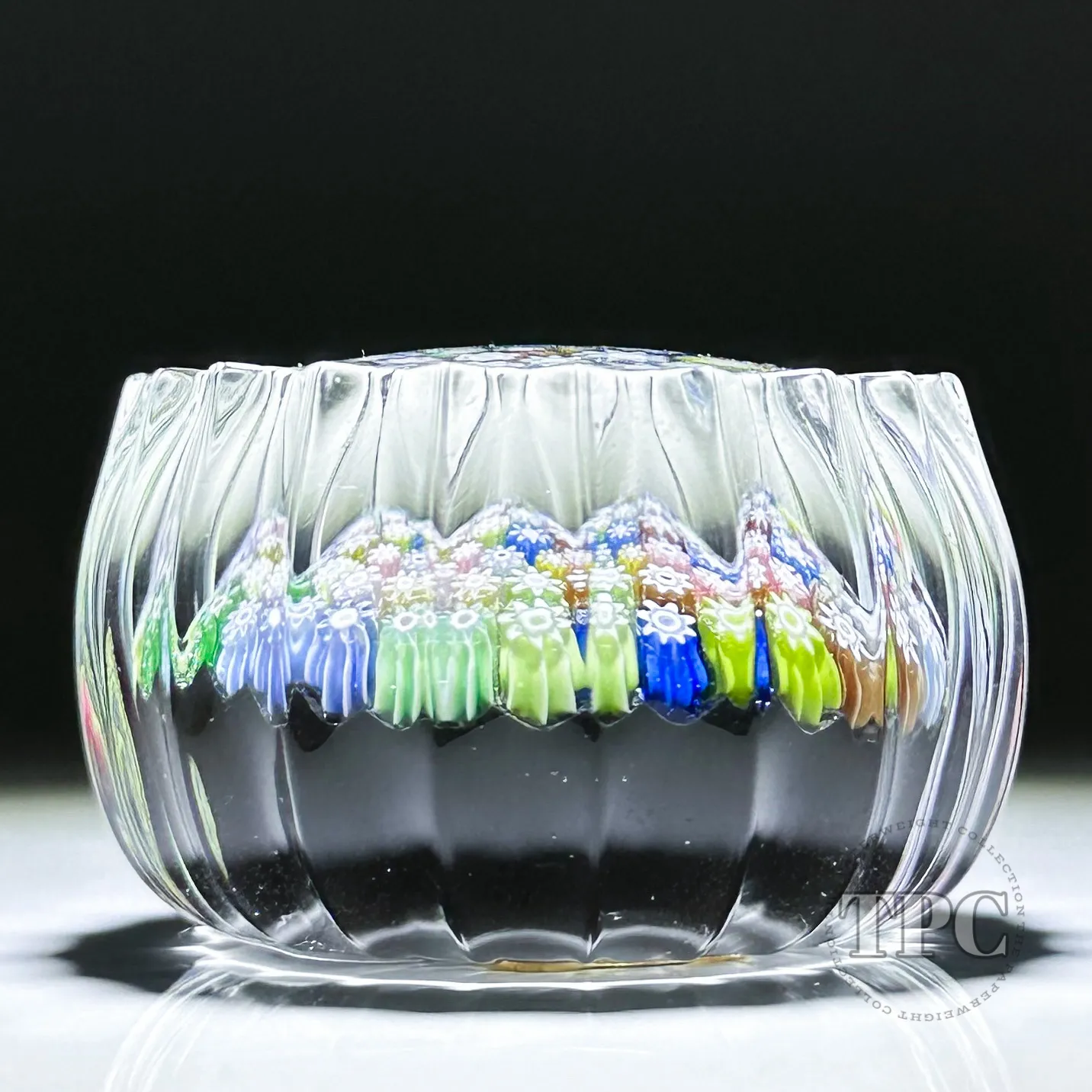 Miniature Peter McDougall Glass Art Paperweight Closepack Millefiori on Black with Fluted Sides