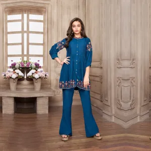 Minimal Embroidered Blue Co-ord Set for Girls