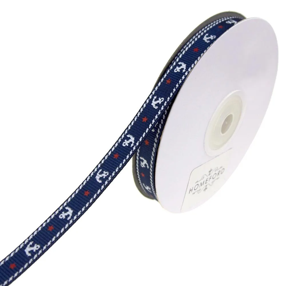 Nautical Anchor and Star Grosgrain Ribbon, 3/8-Inch, 25-Yard
