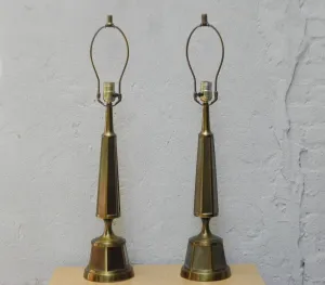 Pair Cast Brass Elegant Modern Obelisk Table Lamps, Late 1970s