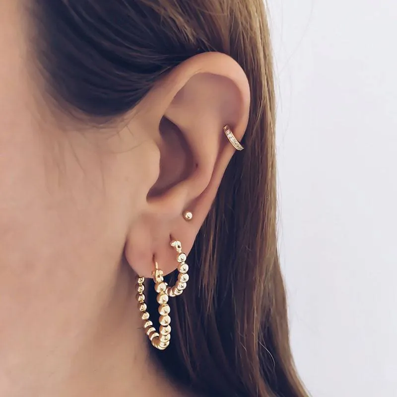 Pair Of 925 Sterling Silver Beaded Minimal Hoop Earrings