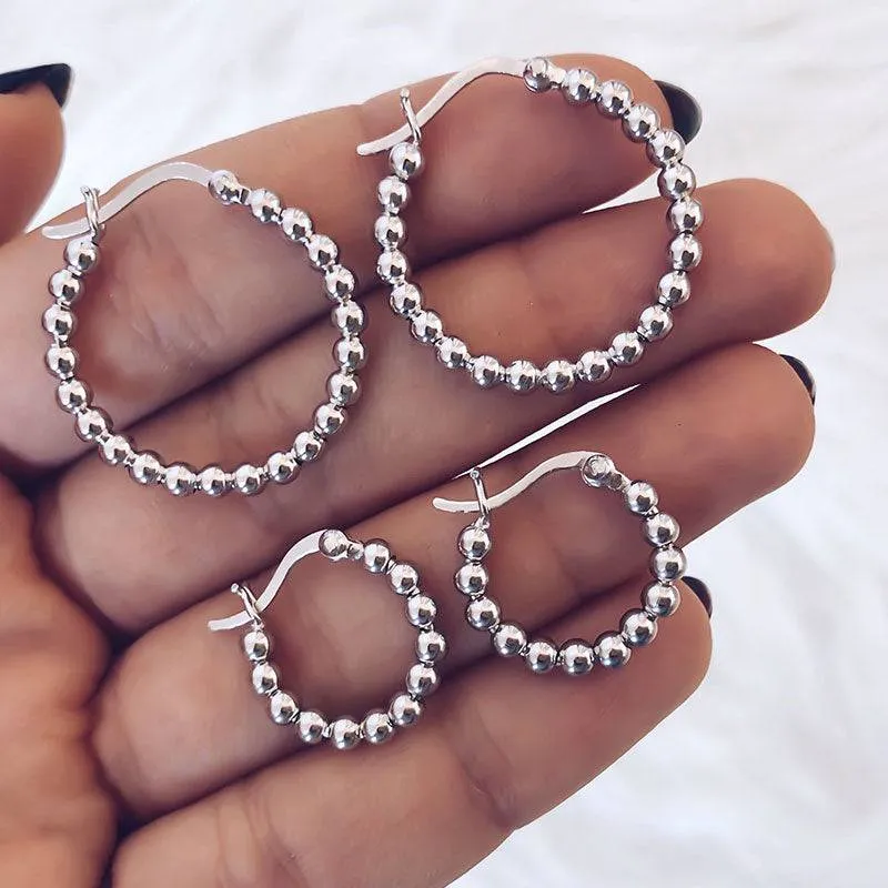 Pair Of 925 Sterling Silver Beaded Minimal Hoop Earrings