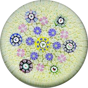 Perthshire Paperweights 1977 Carpet Ground with Seven Pictoral Murrine Canes