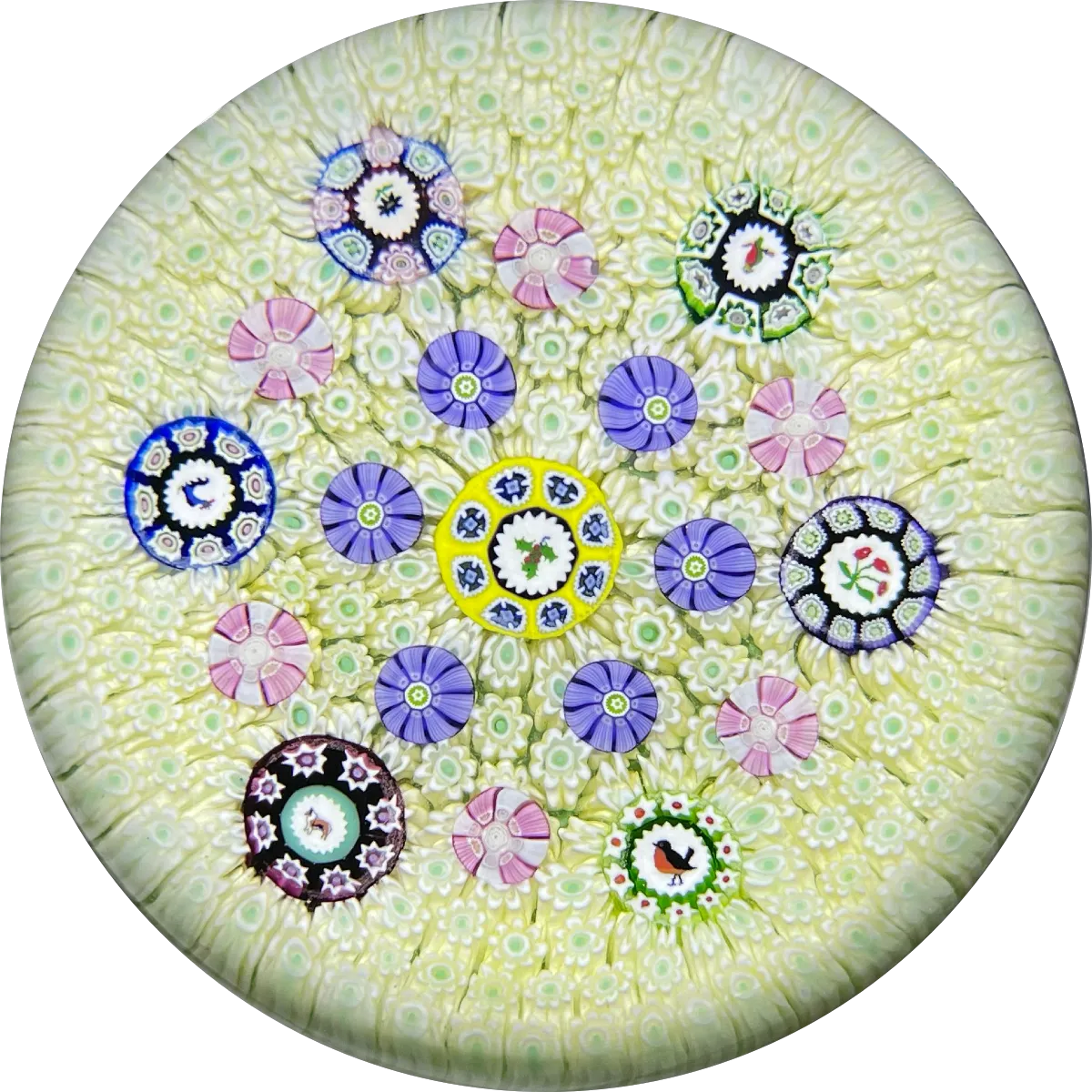 Perthshire Paperweights 1977 Carpet Ground with Seven Pictoral Murrine Canes
