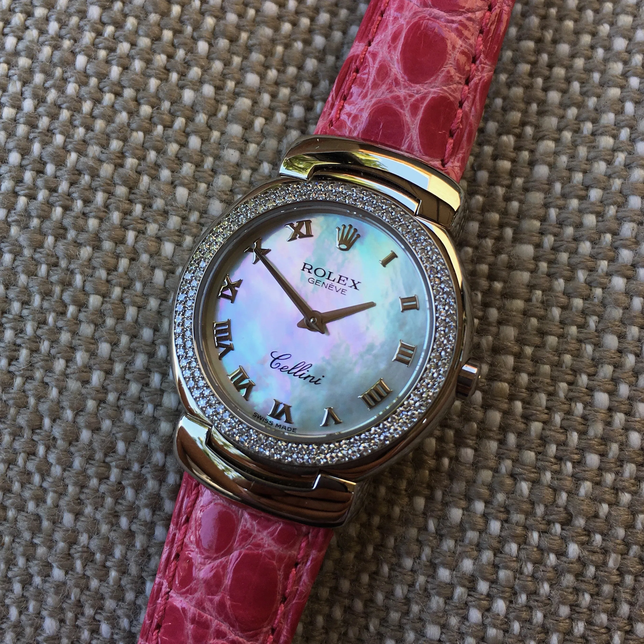 Rolex Cellini 6671 18K White Gold MOP Diamond Bezel Pink Ladies Wristwatch