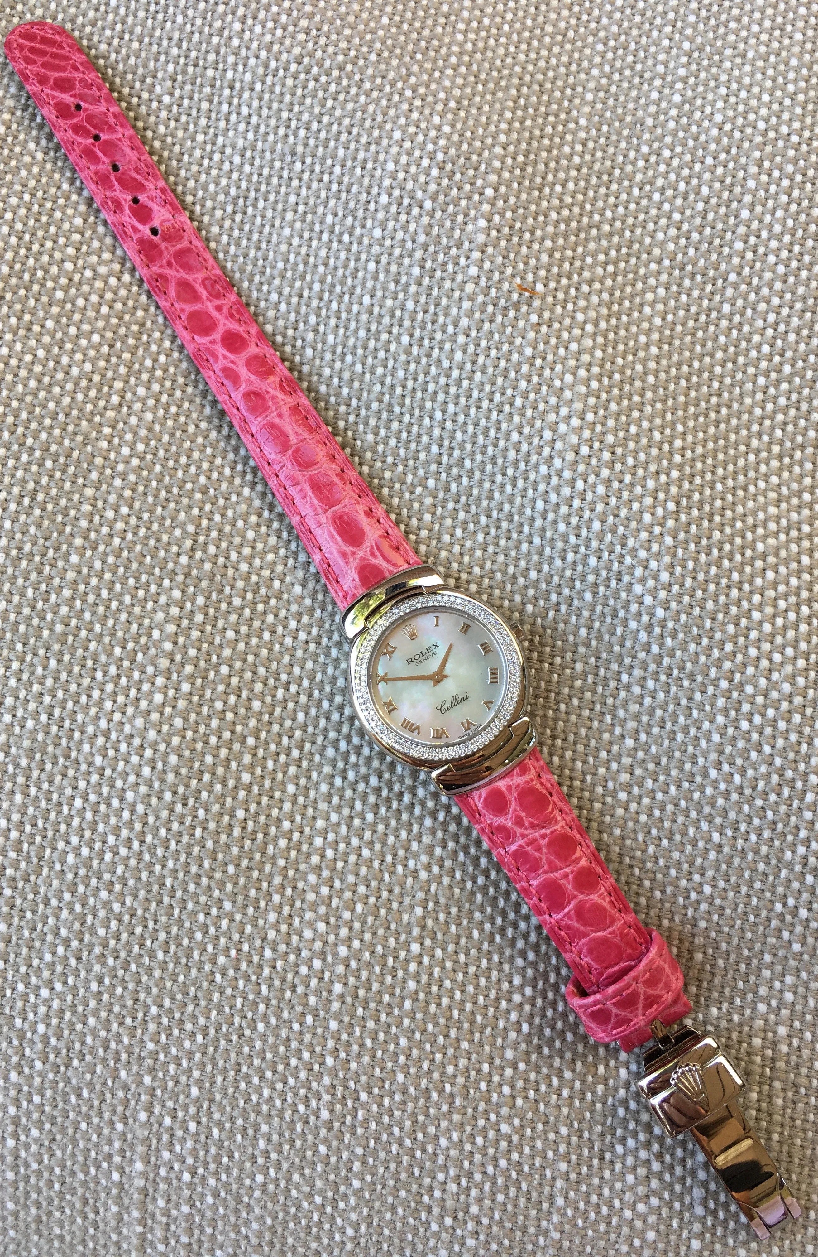Rolex Cellini 6671 18K White Gold MOP Diamond Bezel Pink Ladies Wristwatch