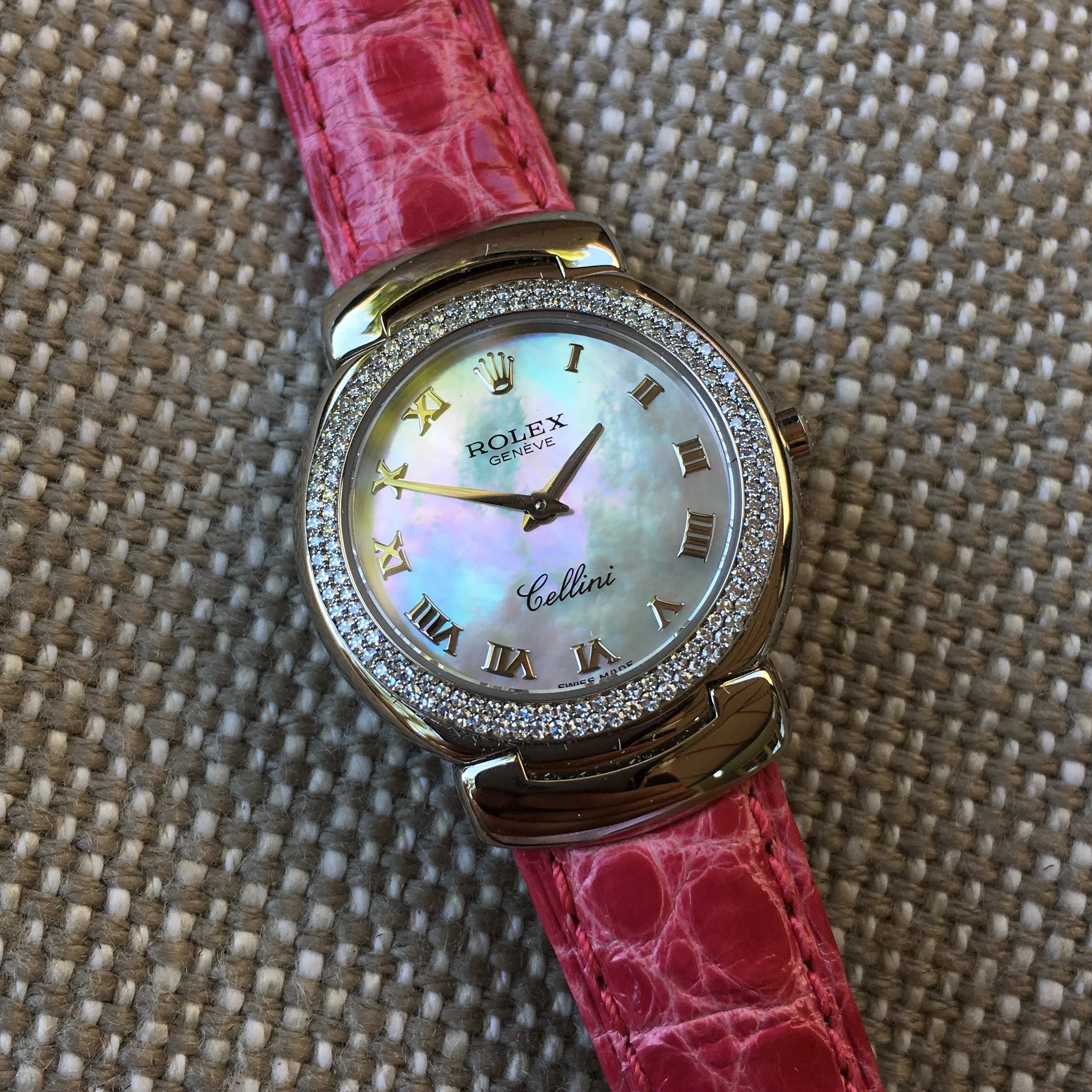 Rolex Cellini 6671 18K White Gold MOP Diamond Bezel Pink Ladies Wristwatch
