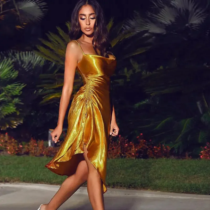 Satin Midi Dress with Side Slit - Elegant Sexy Suspenders