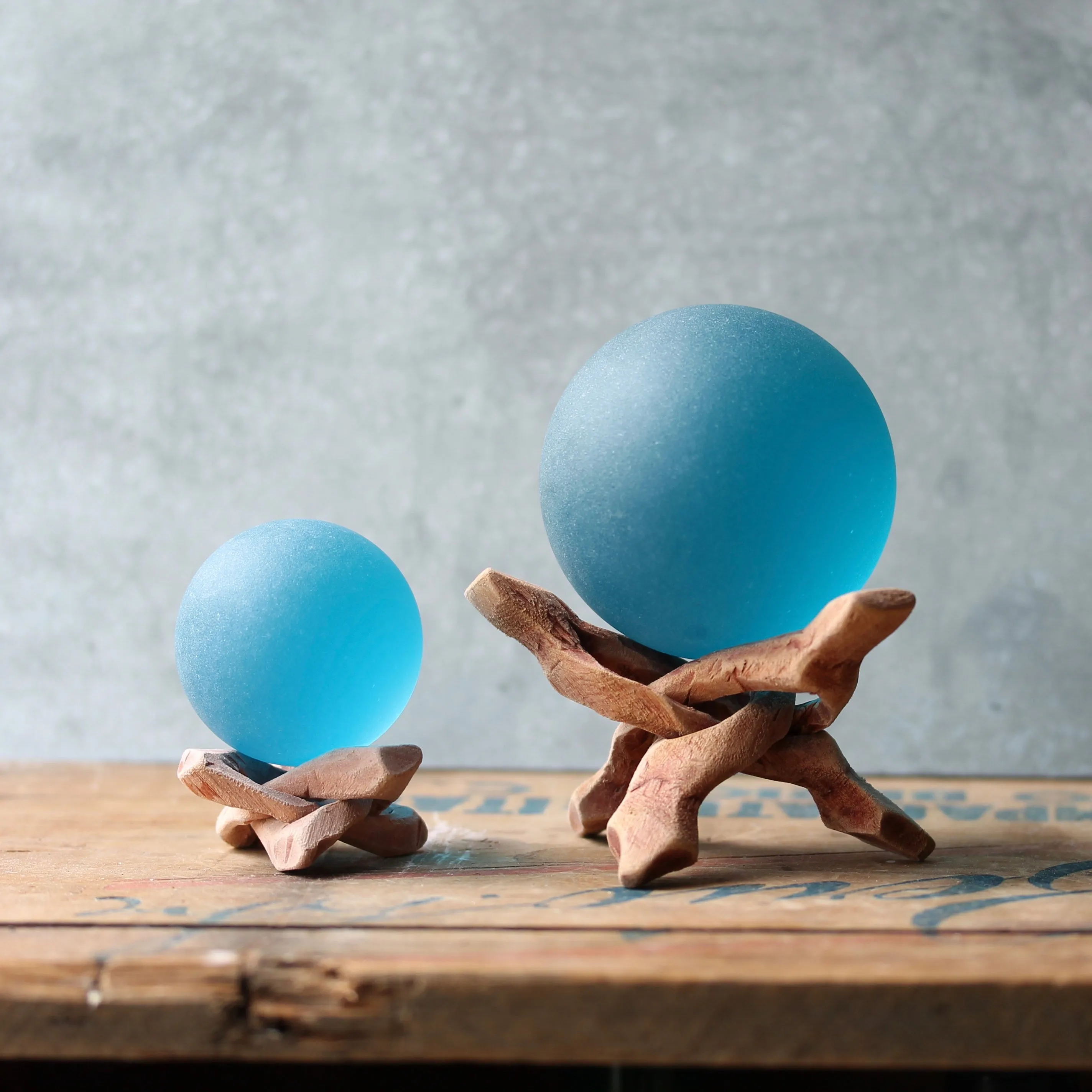 Seaglass Ball with Driftwood Stand- Deep Aqua