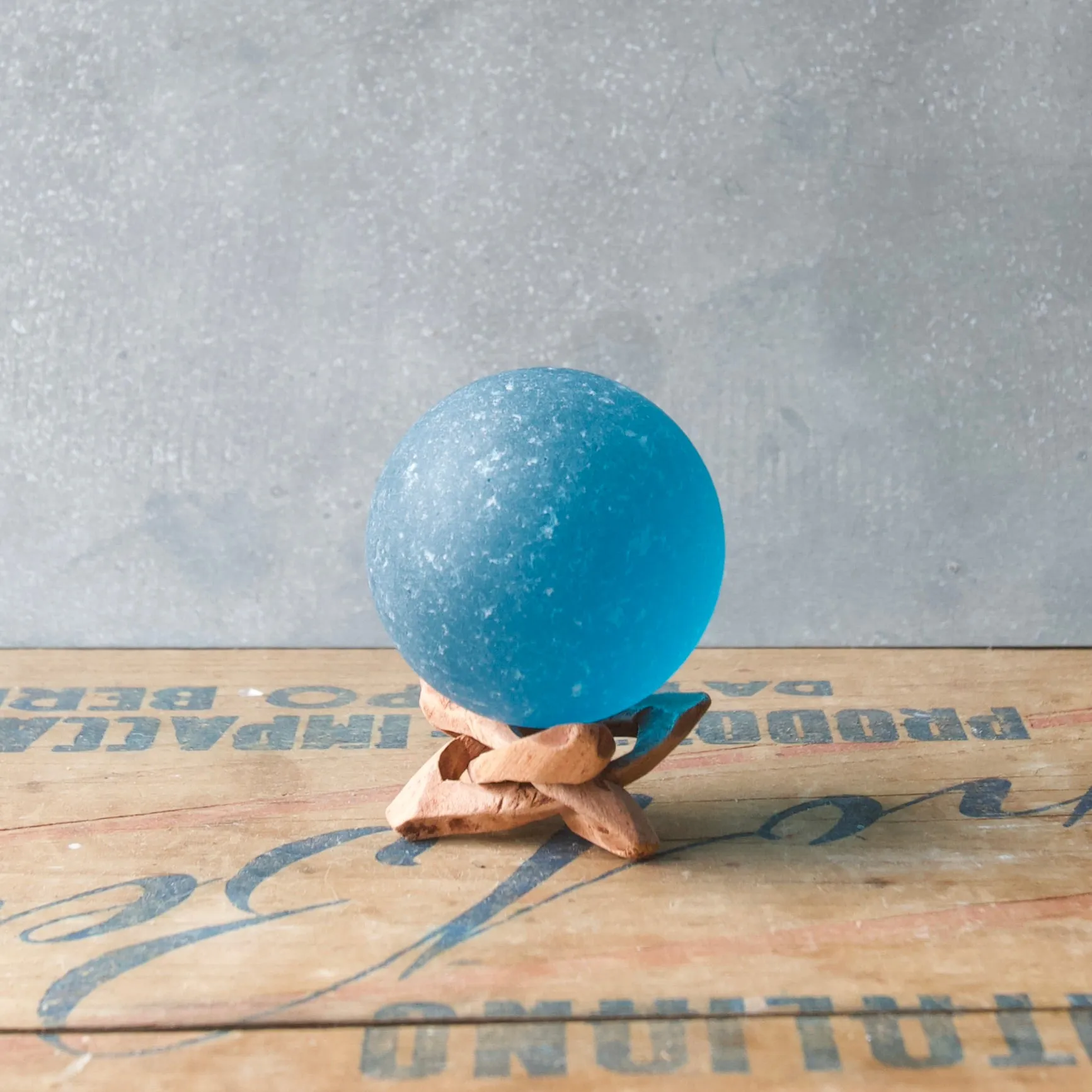 Seaglass Ball with Driftwood Stand- Deep Aqua