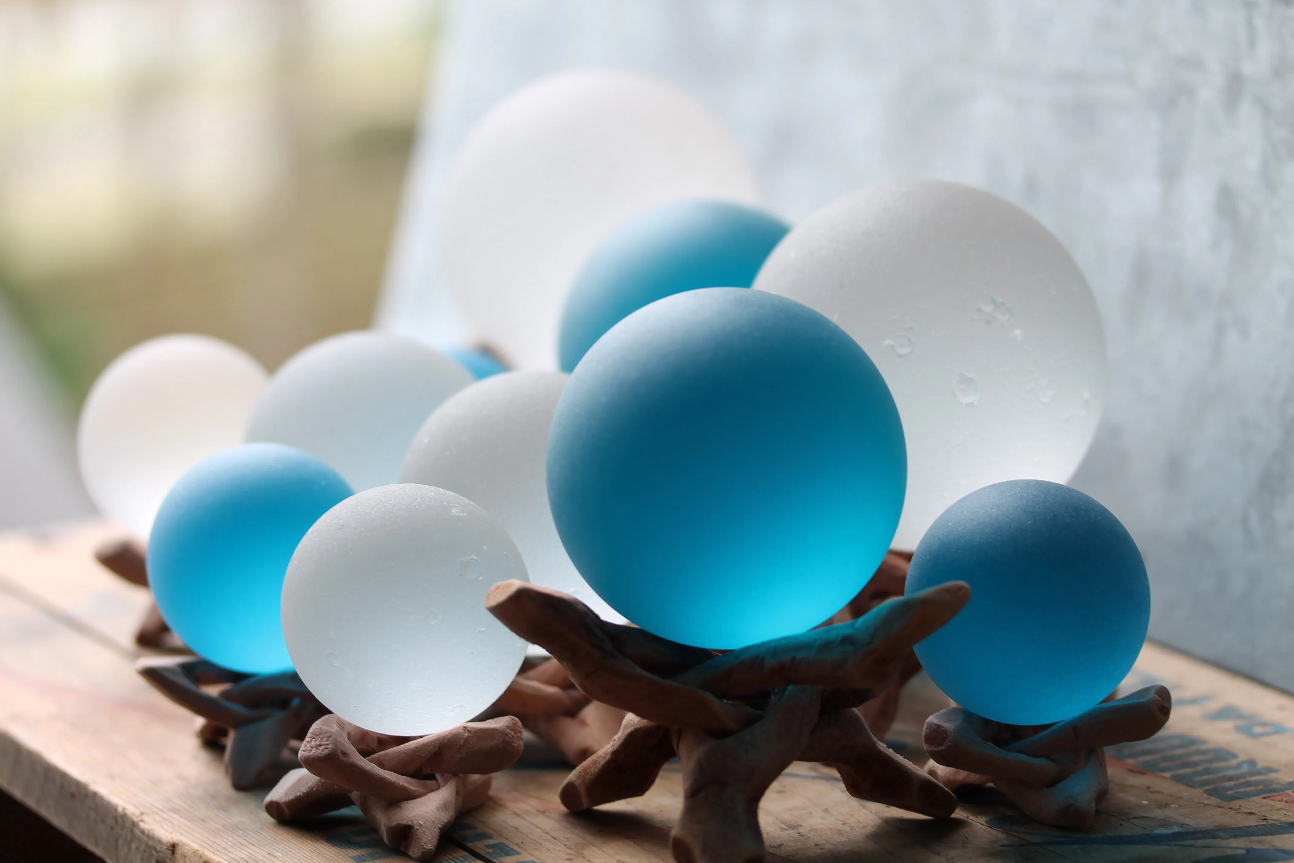 Seaglass Ball with Driftwood Stand- Deep Aqua