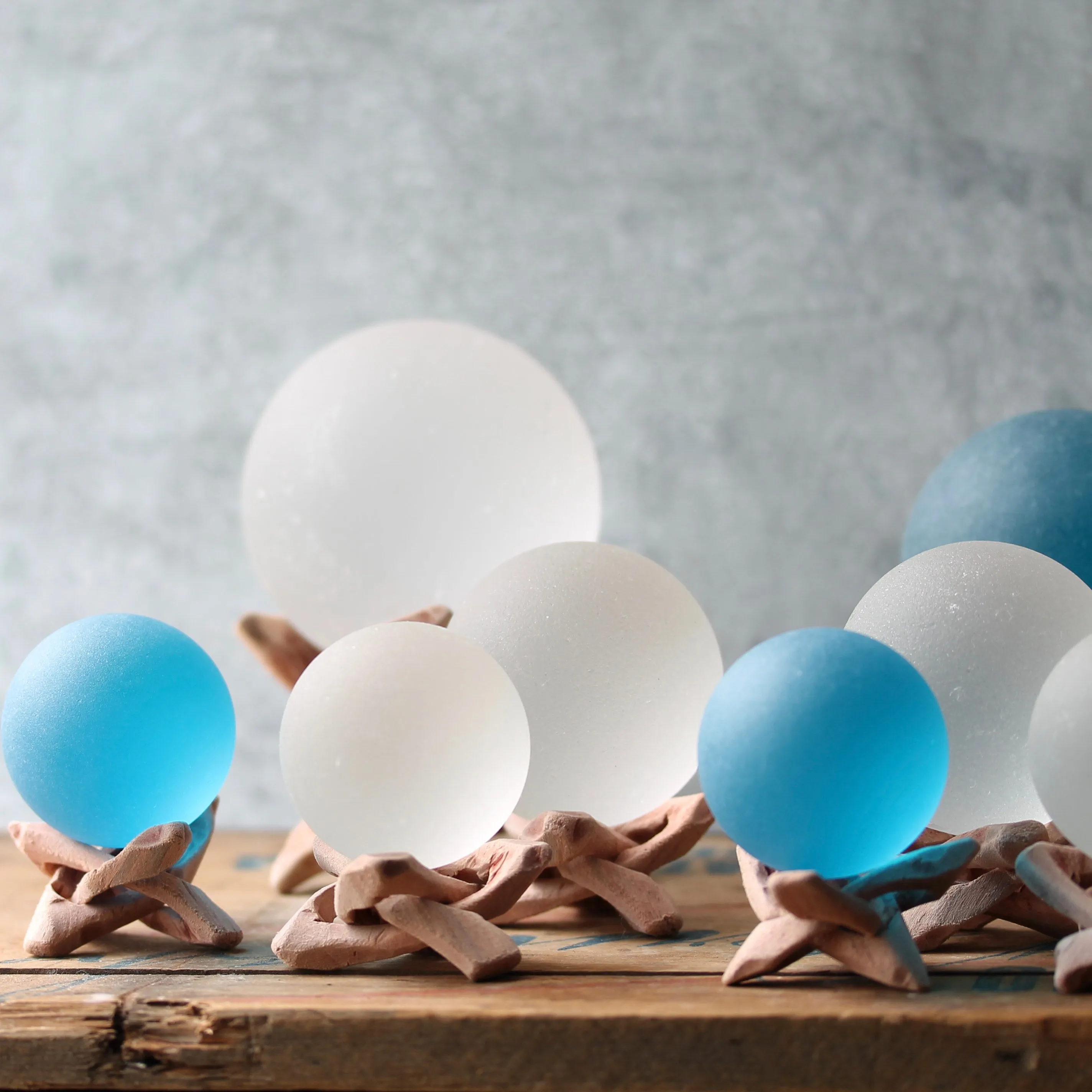 Seaglass Ball with Driftwood Stand- Deep Aqua