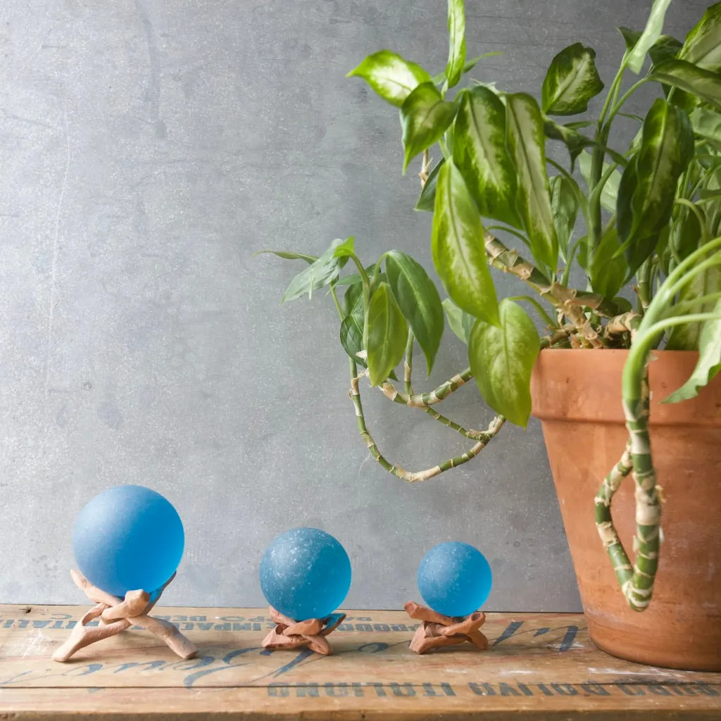 Seaglass Ball with Driftwood Stand- Deep Aqua