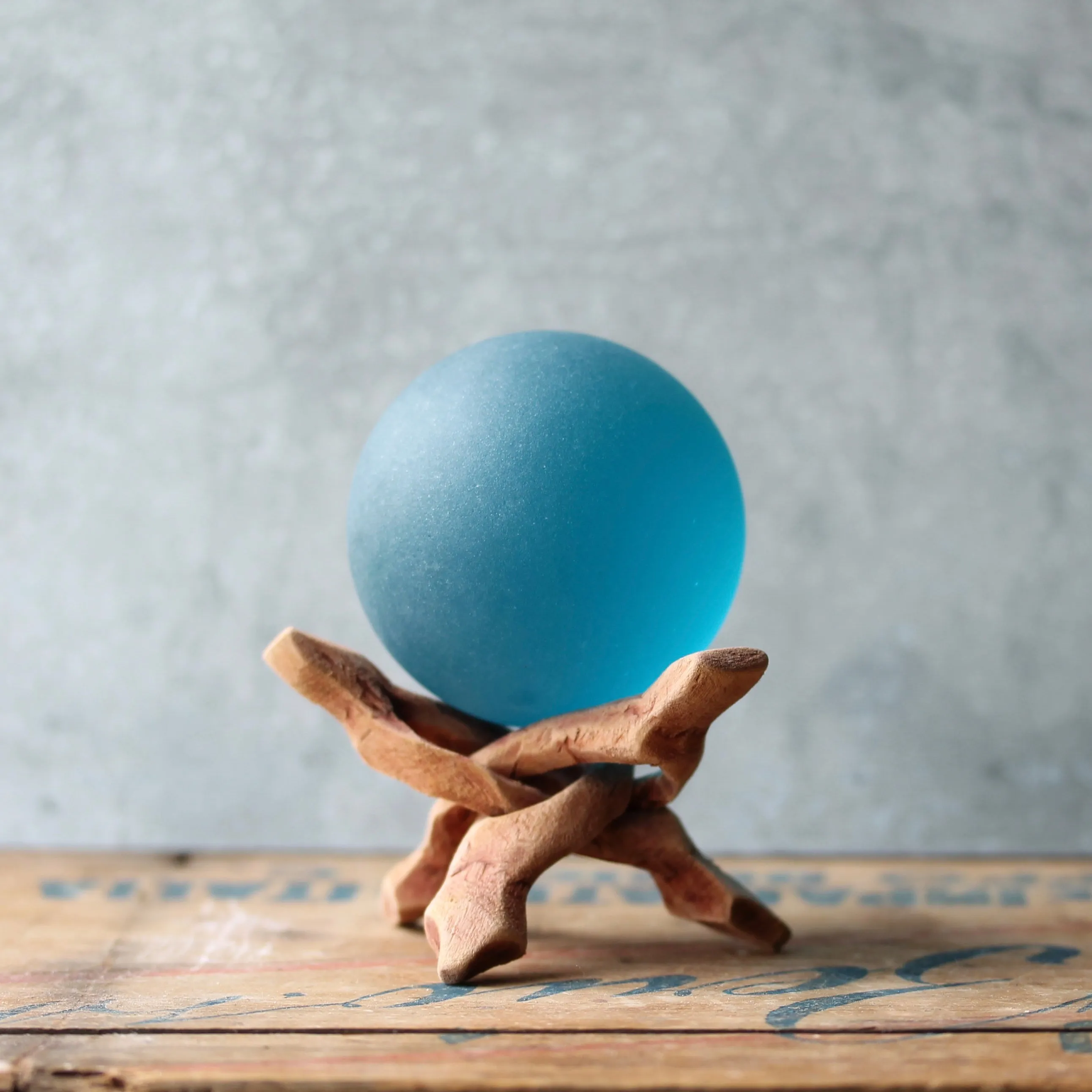 Seaglass Ball with Driftwood Stand- Deep Aqua