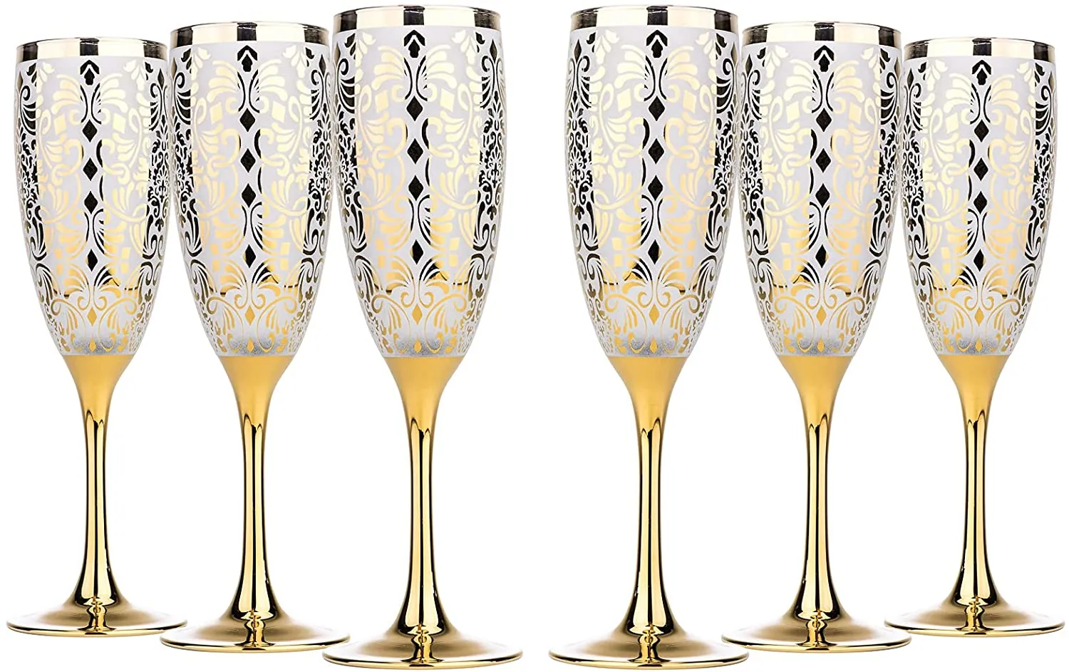 Set Of 6 Champagne Flute GLasses 6 OZ, Gold Flower Design