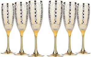 Set Of 6 Champagne Flute GLasses 6 OZ, Gold Flower Design