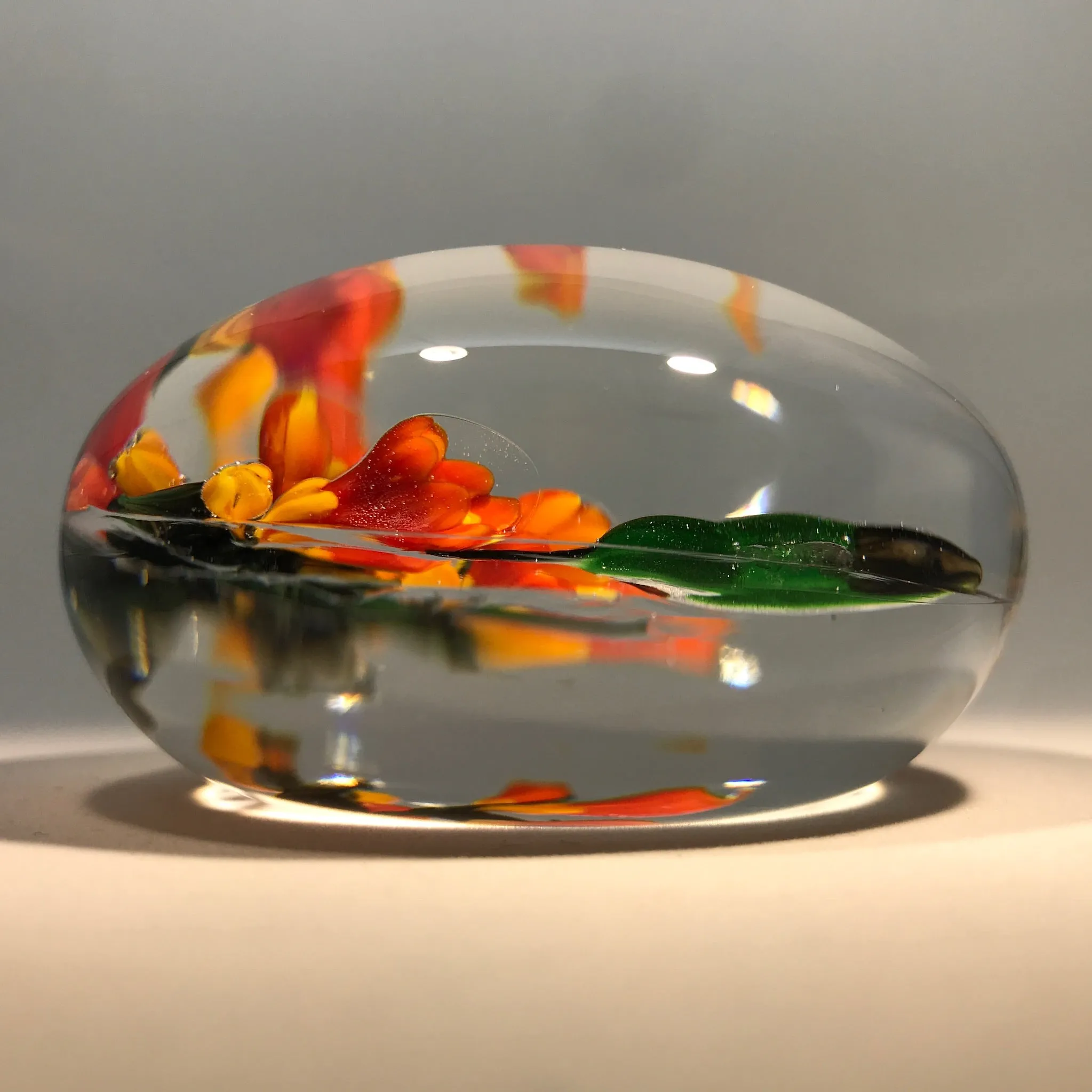 Signed Rick Ayotte Art Glass Paperweight Lampwork Hummingbird at Flower