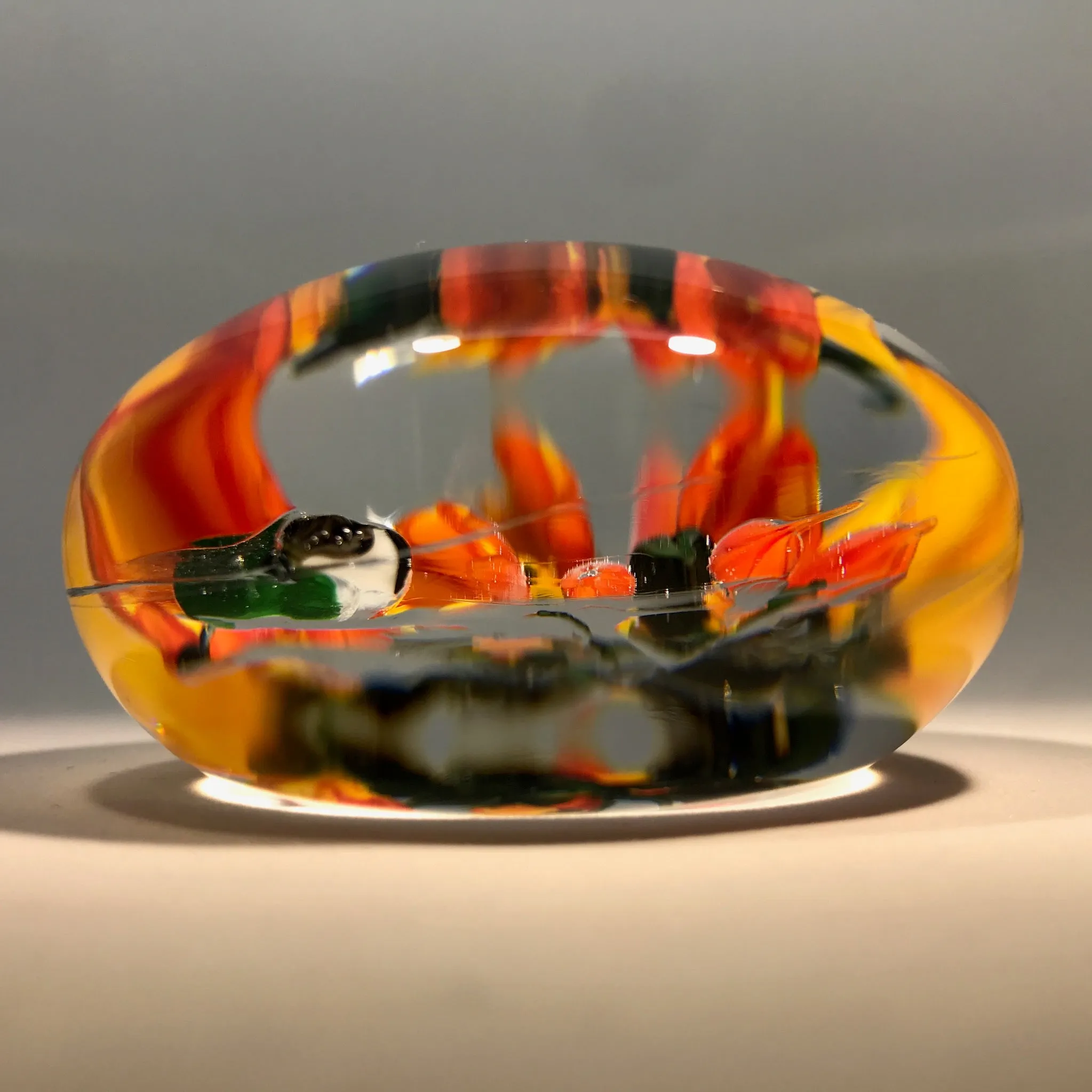 Signed Rick Ayotte Art Glass Paperweight Lampwork Hummingbird at Flower