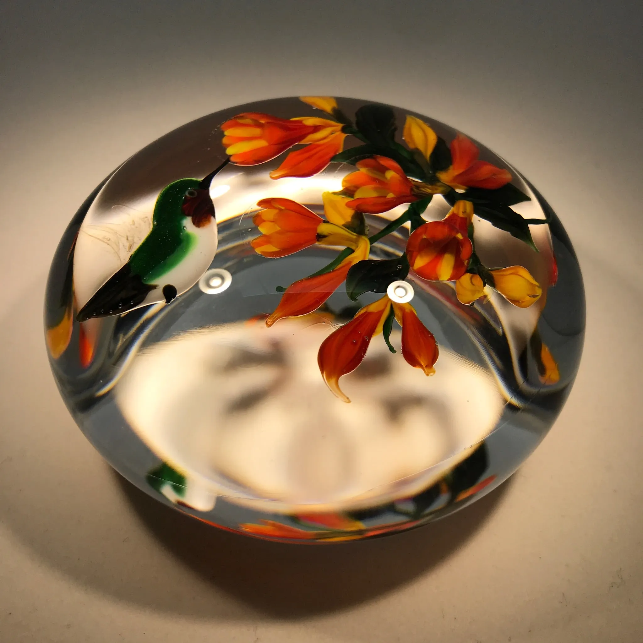 Signed Rick Ayotte Art Glass Paperweight Lampwork Hummingbird at Flower