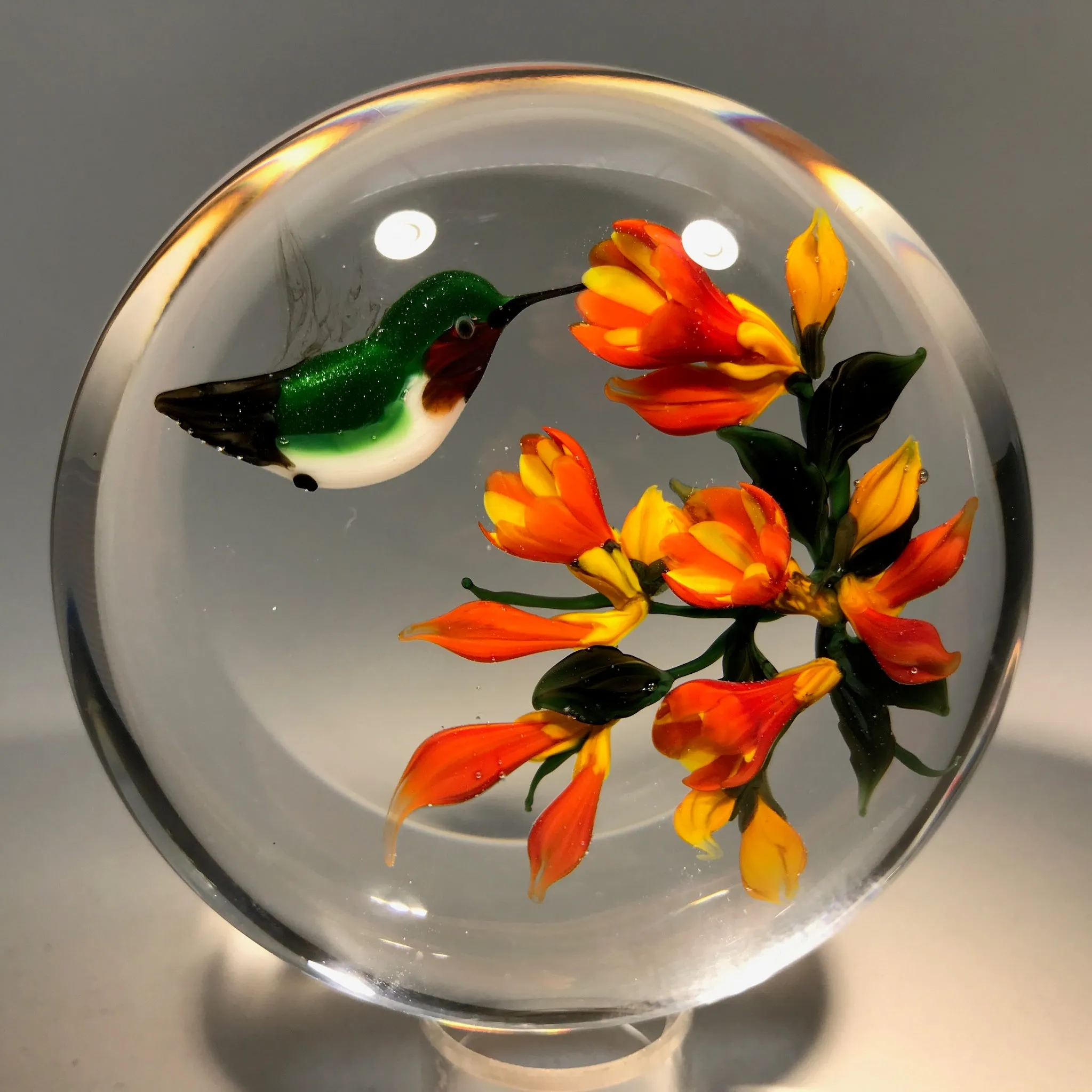 Signed Rick Ayotte Art Glass Paperweight Lampwork Hummingbird at Flower