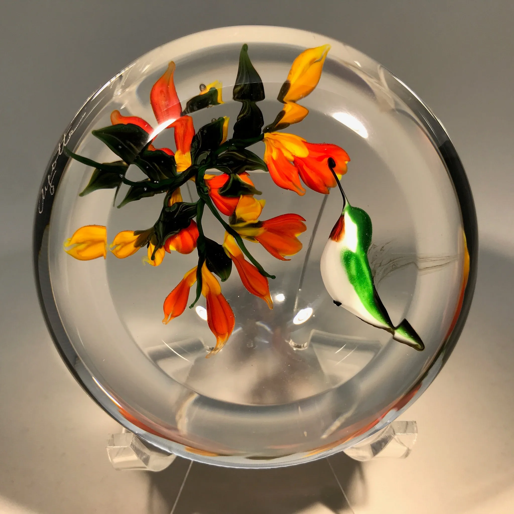 Signed Rick Ayotte Art Glass Paperweight Lampwork Hummingbird at Flower