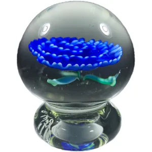 Signed Robert Wetzal Art Glass Paperweight Footed Blue Flower