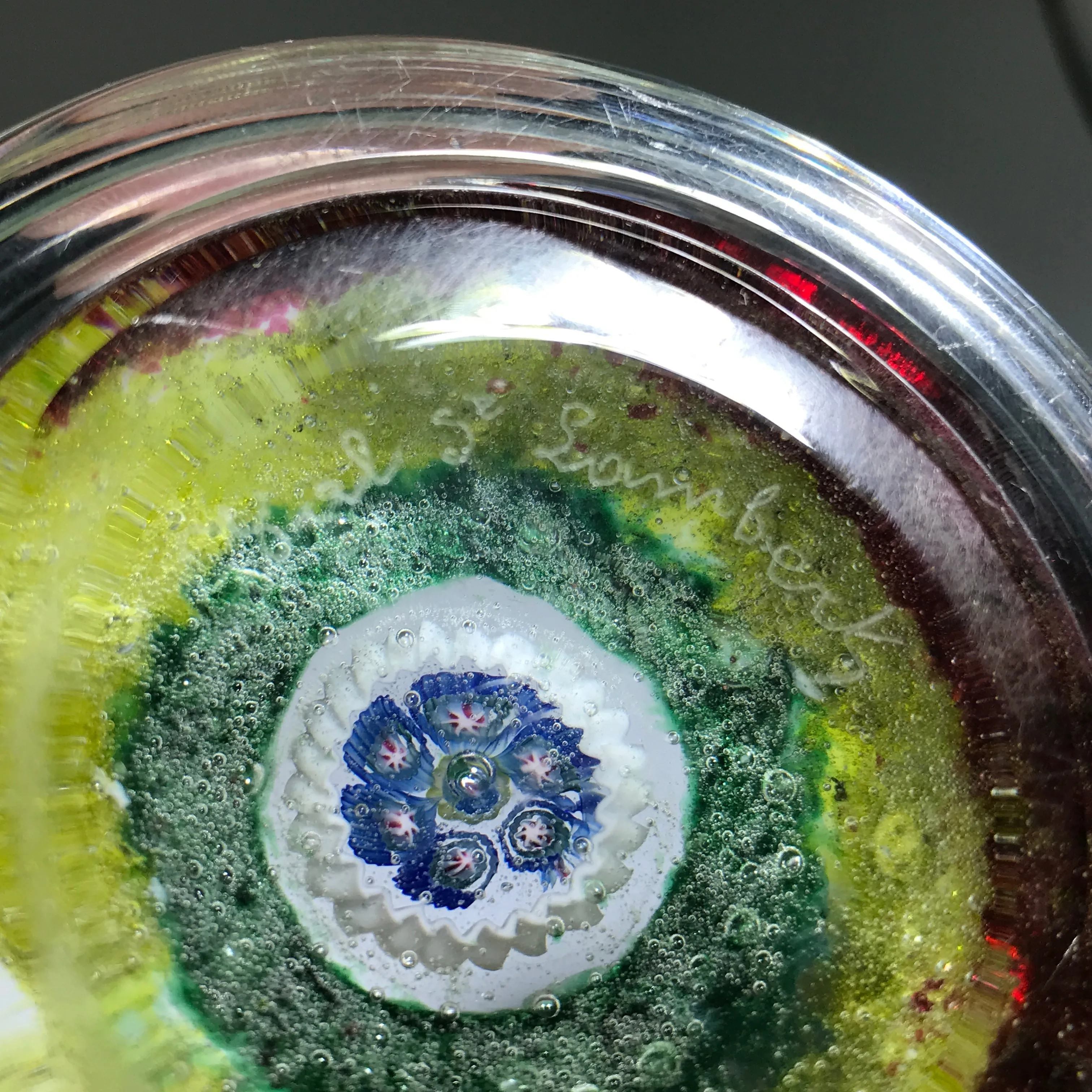 Signed Val St. Lambert Art Glass Paperweight Large Complex Millefiori Center