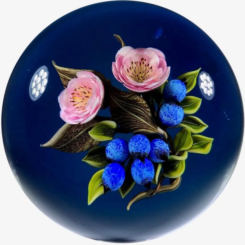Signed Victor Trabucco Art Glass Paperweight Lampwork Blueberry Flower Piedouche