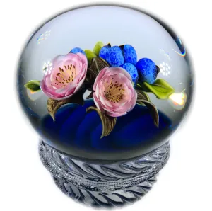 Signed Victor Trabucco Art Glass Paperweight Lampwork Blueberry Flower Piedouche