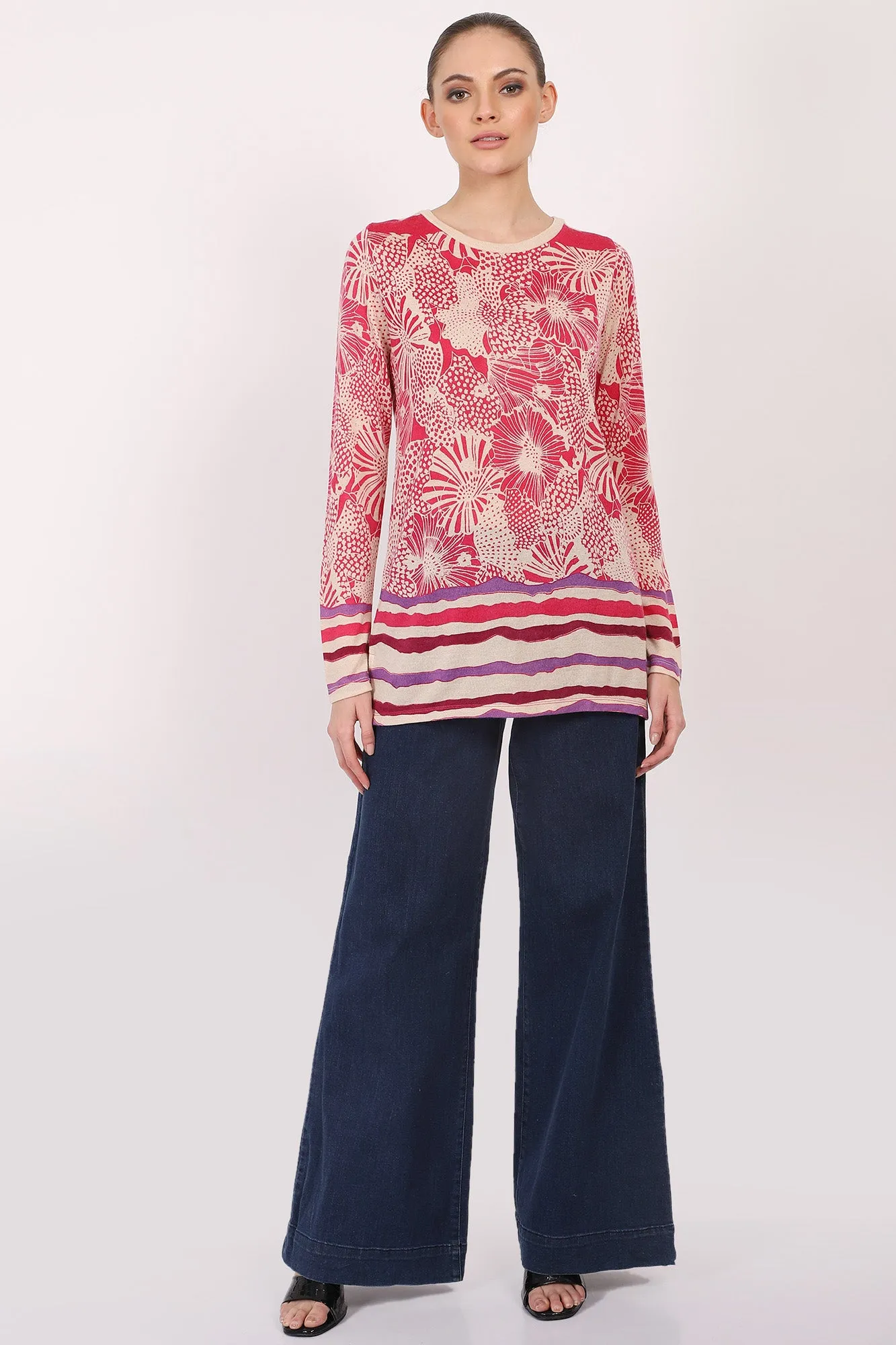 Silk Cashmere - Floral Monochrome Fuchsia Top