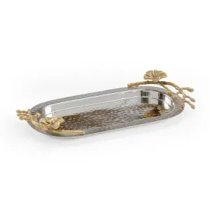 Silver Decorative Tray with Golden Orchide Leaf Handles