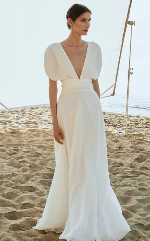 Simple A Line V-neck Chiffon Floor-length Wedding Dress with Sash-716392