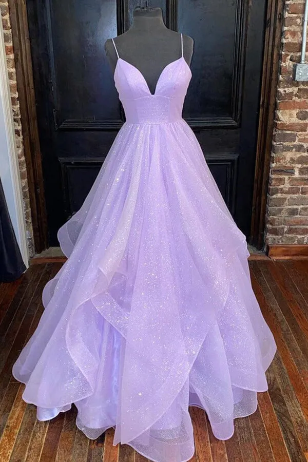 Sparkly Lavender Tiered Tulle A-line Princess Prom Dresses, Evening Gown, MP671