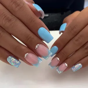 Square light blue french with stones shining