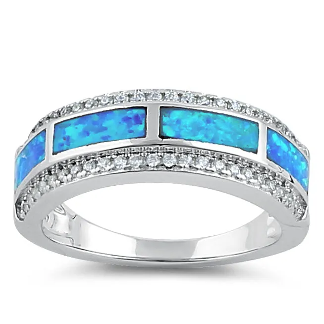 Sterling Silver Elegant Blue Lab Opal Clear CZ Band Ring